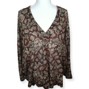 BLOUSE CREAM, BROWN, ORANGE SNAKE PRINT DOLMAN SLEEVE BLOUSE SZ.XL EUC